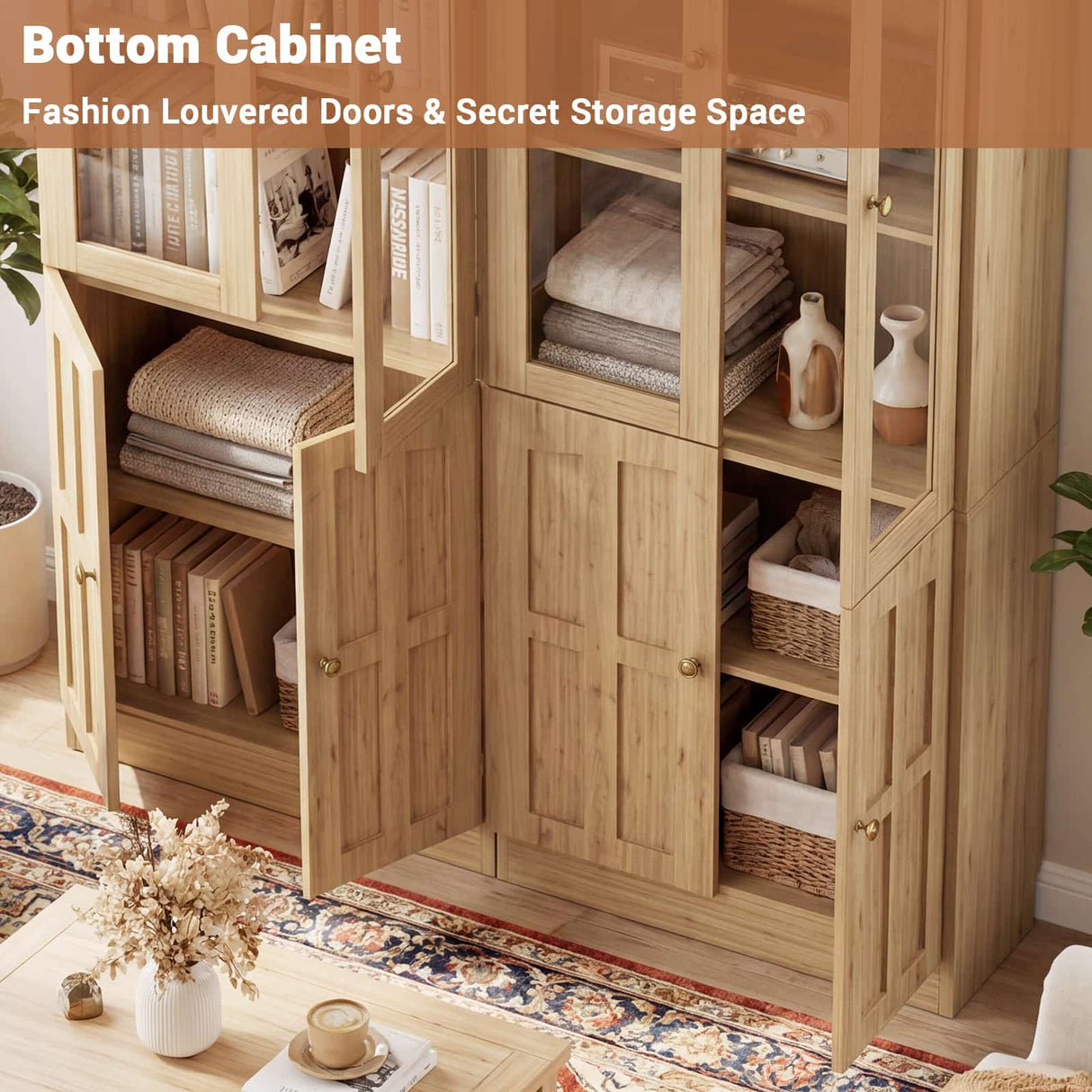 80" Bookshelf with Glass Doors and Thickened Top Panel, Farmhouse Bookcase with Adjustable Shelves