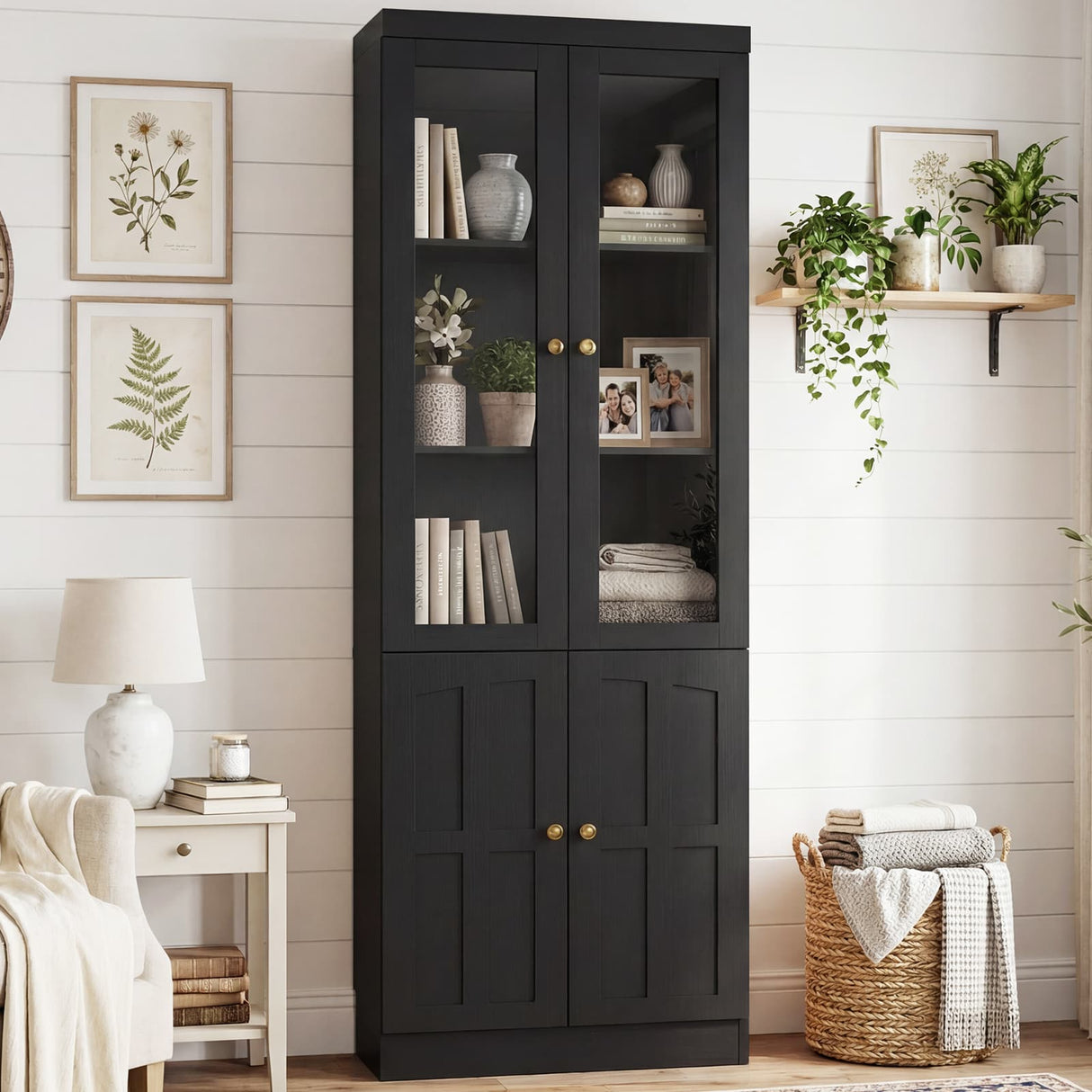 80" Bookshelf with Glass Doors and Thickened Top Panel, Farmhouse Bookcase with Adjustable Shelves