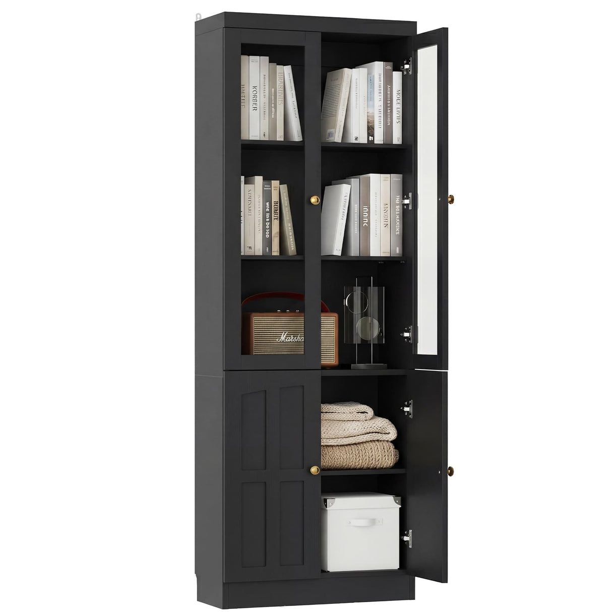 80" Bookshelf with Glass Doors and Thickened Top Panel, Farmhouse Bookcase with Adjustable Shelves