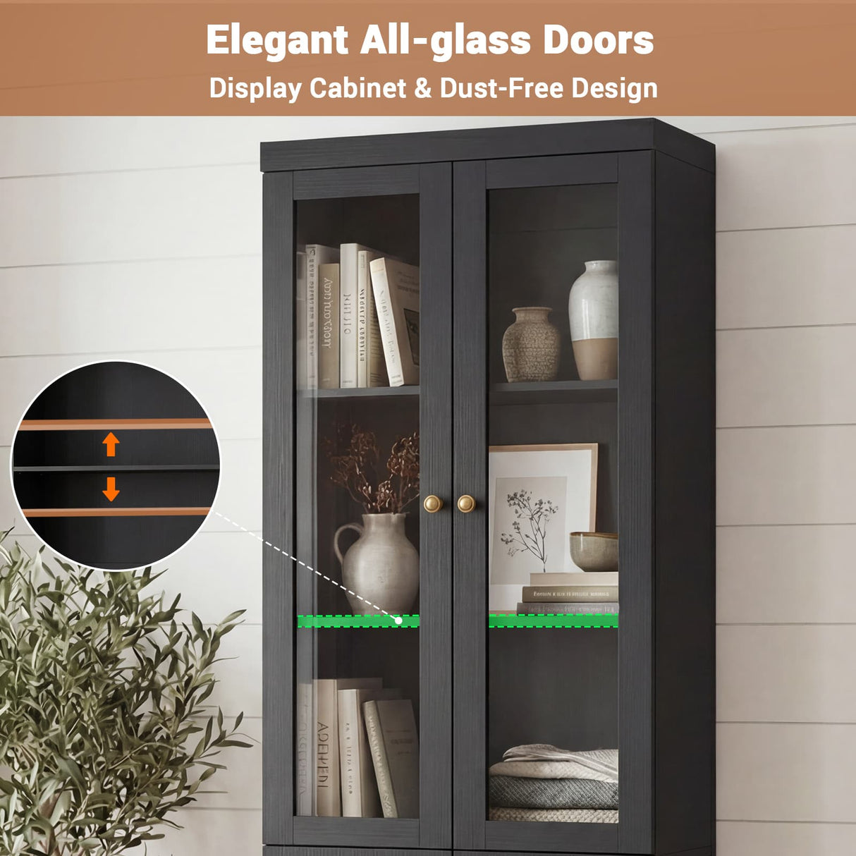 80" Bookshelf with Glass Doors and Thickened Top Panel, Farmhouse Bookcase with Adjustable Shelves