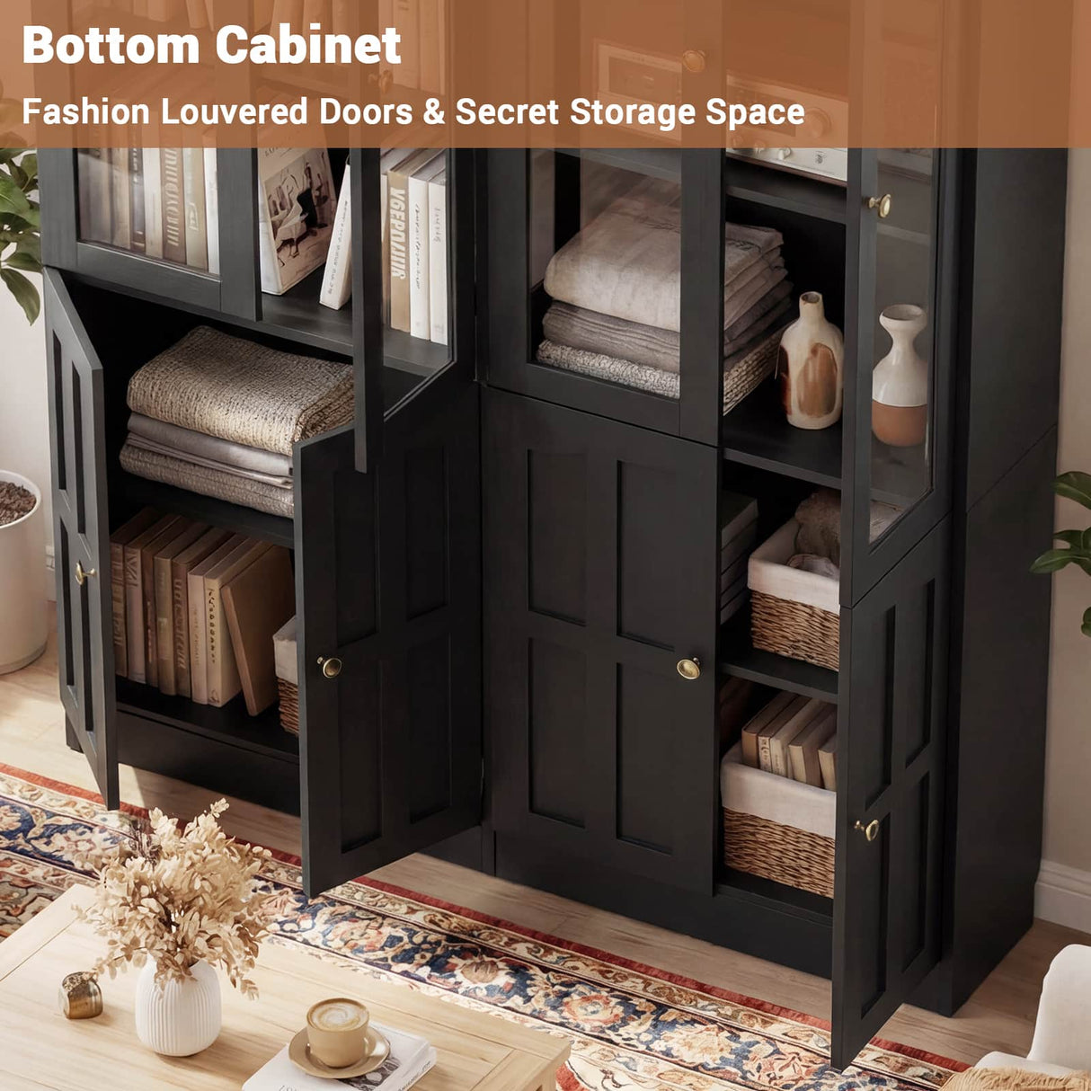 80" Bookshelf with Glass Doors and Thickened Top Panel, Farmhouse Bookcase with Adjustable Shelves