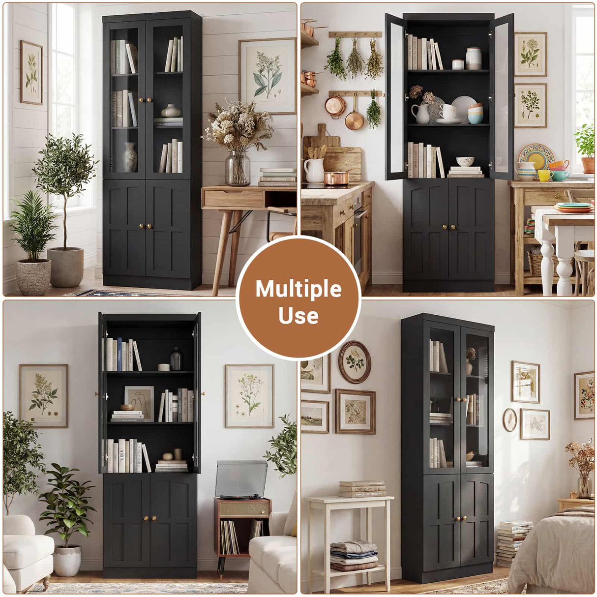 80" Bookshelf with Glass Doors and Thickened Top Panel, Farmhouse Bookcase with Adjustable Shelves