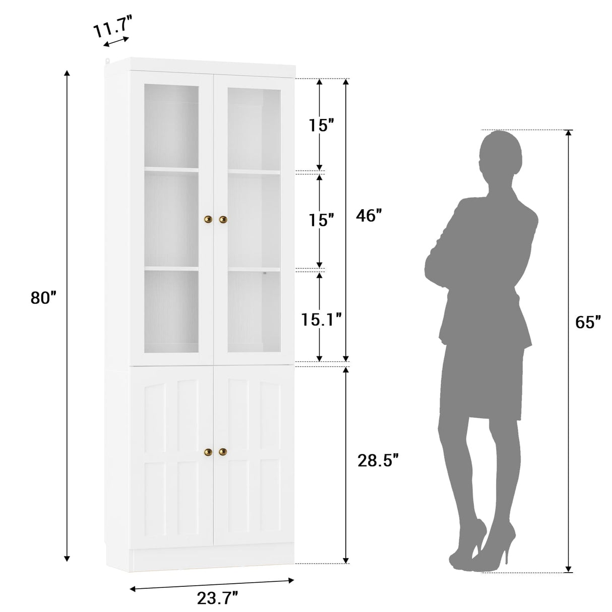 80" Bookshelf with Glass Doors and Thickened Top Panel, Farmhouse Bookcase with Adjustable Shelves