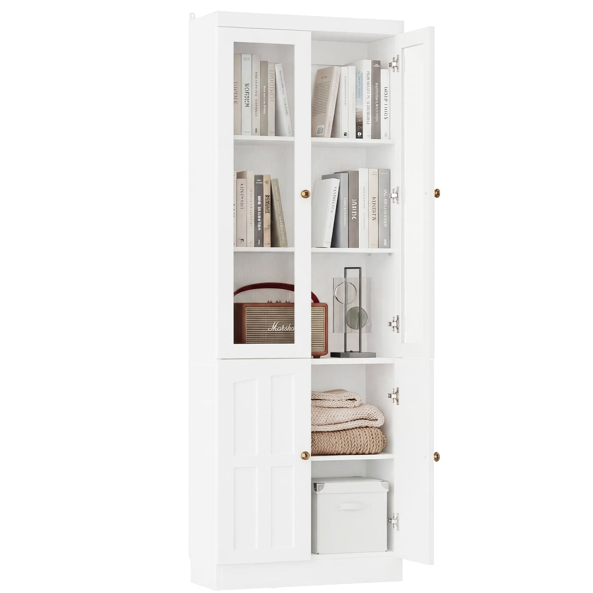 80" Bookshelf with Glass Doors and Thickened Top Panel, Farmhouse Bookcase with Adjustable Shelves