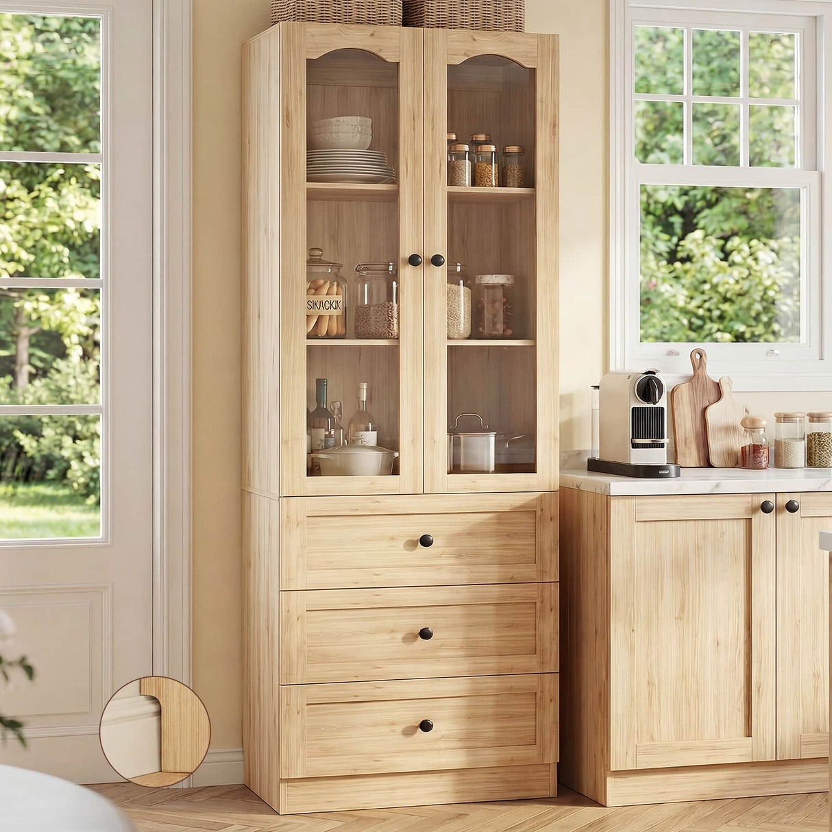 80" Tall Pantry Cabinet for Kitchen Storage, Pantry Cabinet with Glass Doors & 3 Drawers