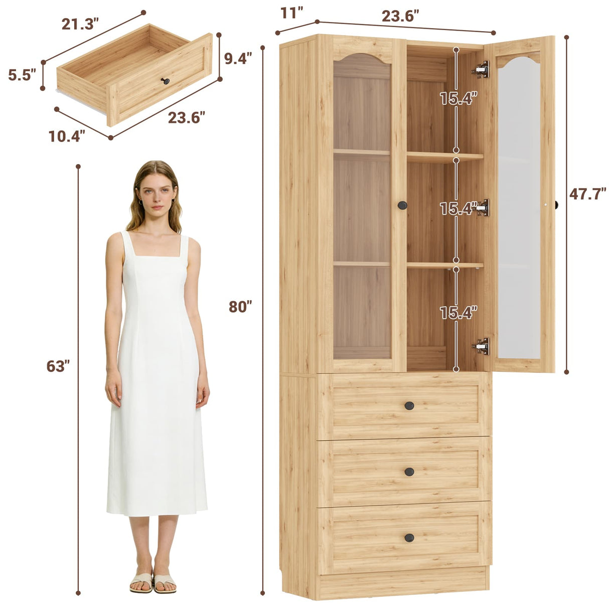 80" Tall Pantry Cabinet for Kitchen Storage, Pantry Cabinet with Glass Doors & 3 Drawers
