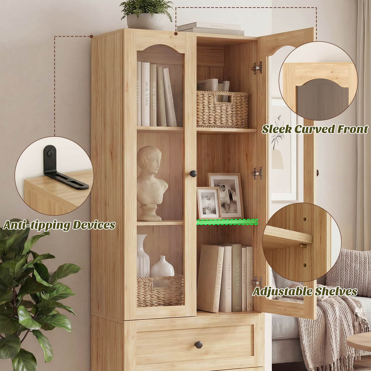 80" Tall Pantry Cabinet for Kitchen Storage, Pantry Cabinet with Glass Doors & 3 Drawers