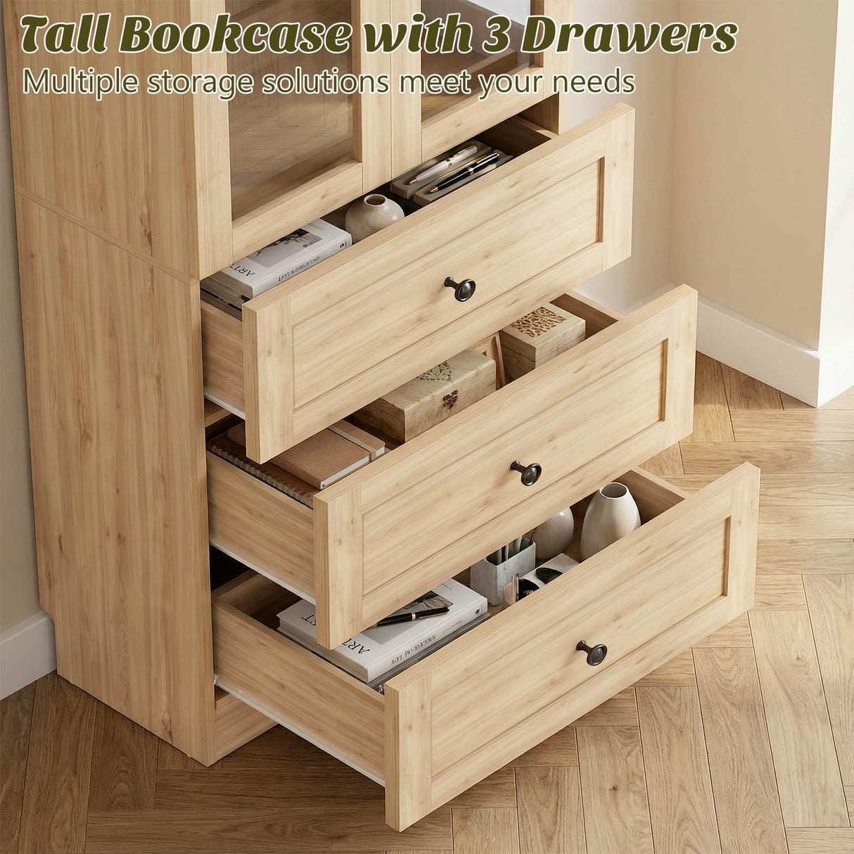 80" Tall Pantry Cabinet for Kitchen Storage, Pantry Cabinet with Glass Doors & 3 Drawers