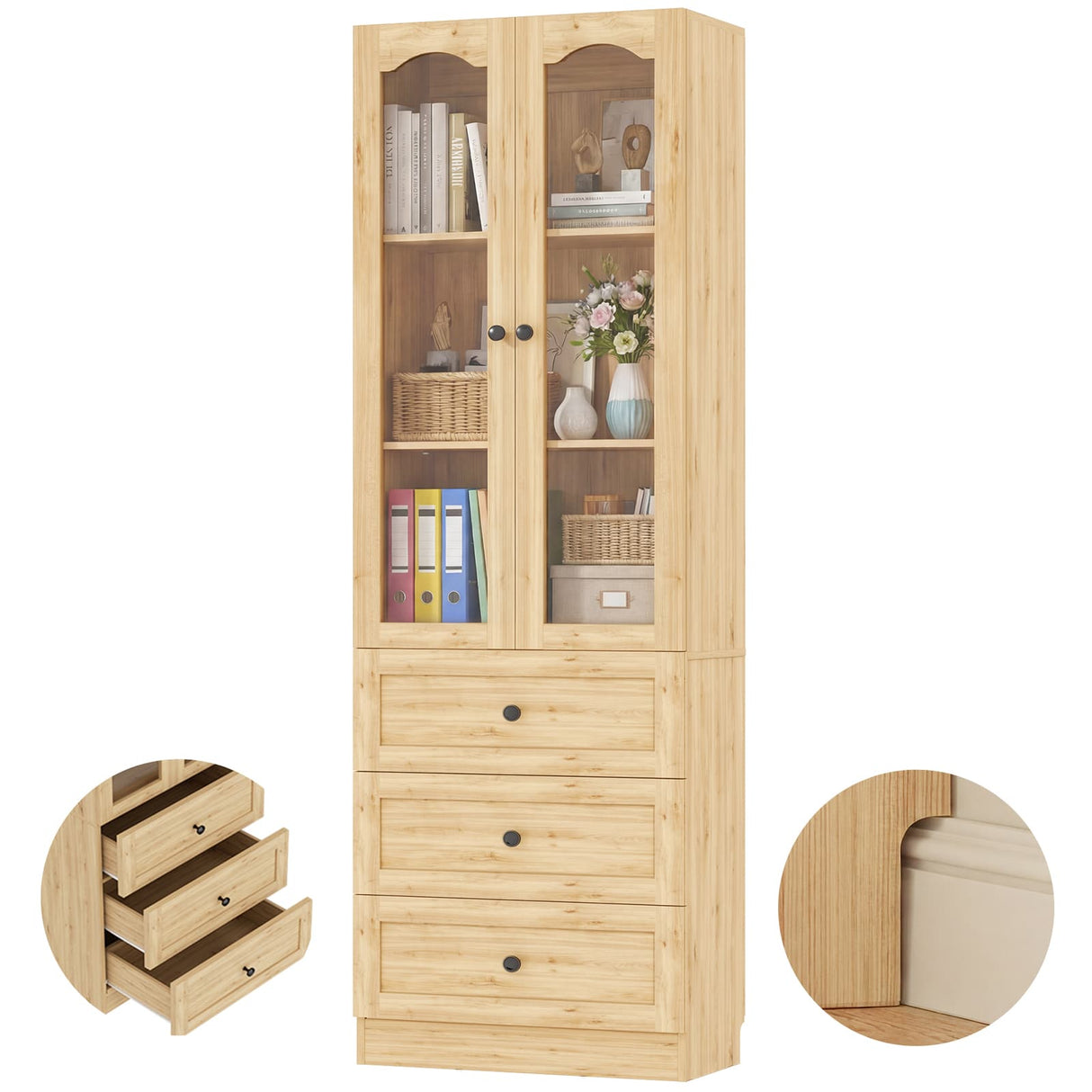 80" Tall Pantry Cabinet for Kitchen Storage, Pantry Cabinet with Glass Doors & 3 Drawers