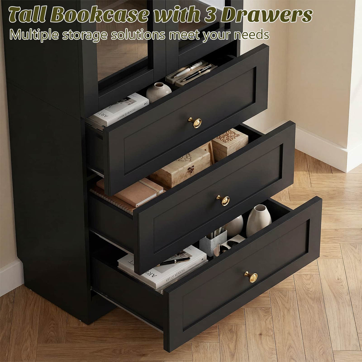 80" Tall Pantry Cabinet for Kitchen Storage, Pantry Cabinet with Glass Doors & 3 Drawers