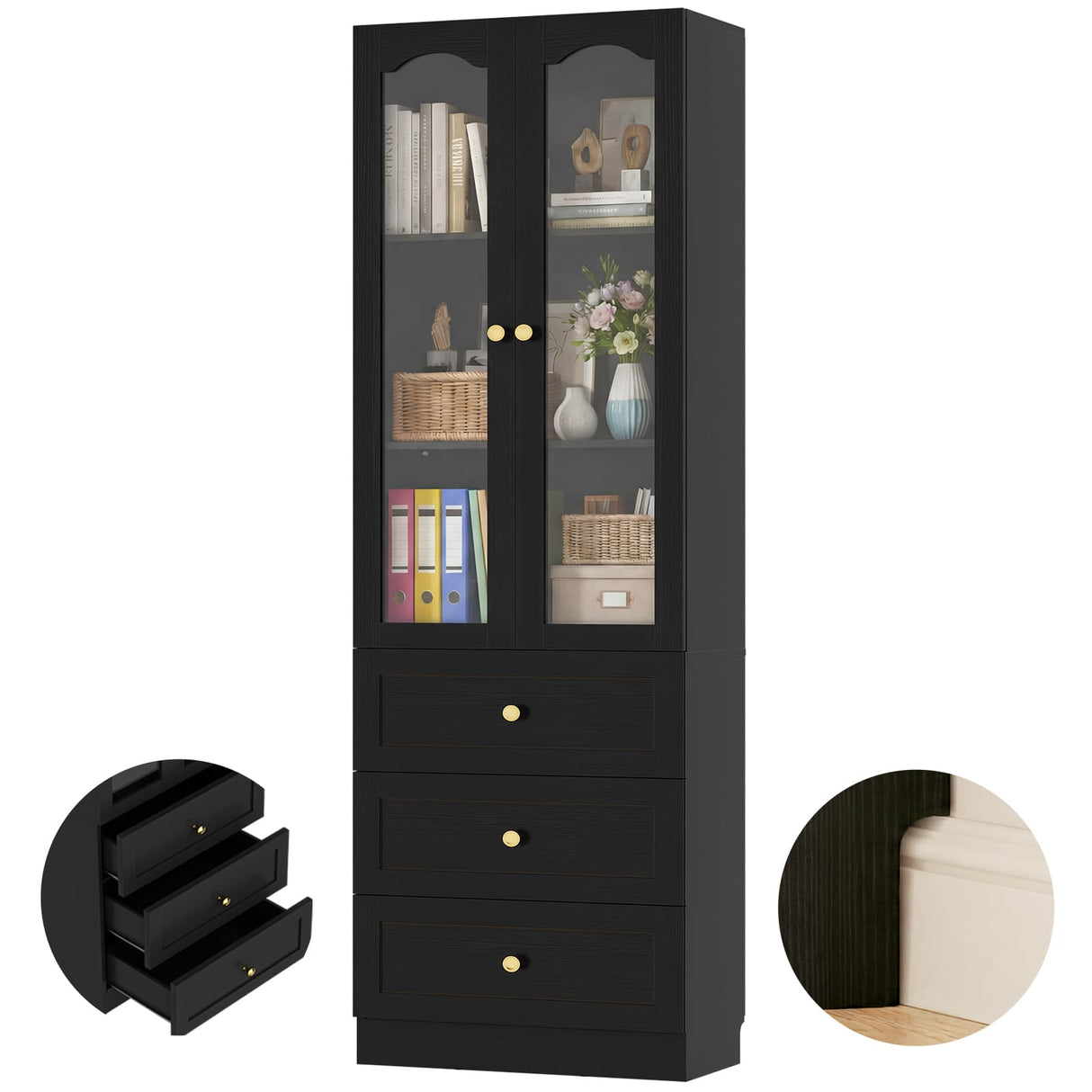 80" Tall Pantry Cabinet for Kitchen Storage, Pantry Cabinet with Glass Doors & 3 Drawers