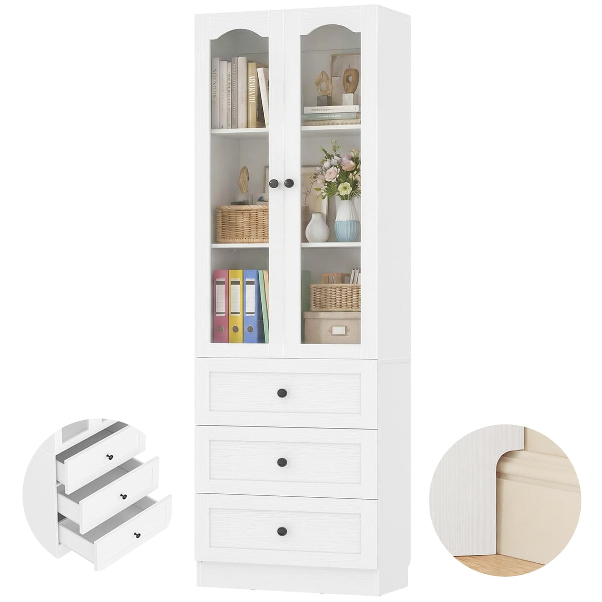 80" Tall Pantry Cabinet for Kitchen Storage, Pantry Cabinet with Glass Doors & 3 Drawers