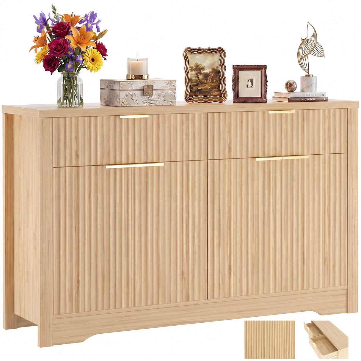 55'' Fluted Sideboard Cabinet with Drawers & Shelves, Modern Buffet Cabinet for Kitchen, Coffee Bar & Entryway Storage