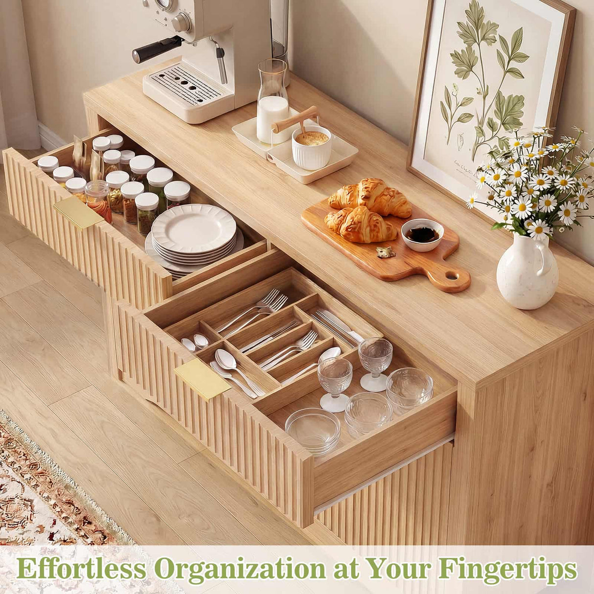 55'' Fluted Sideboard Cabinet with Drawers & Shelves, Modern Buffet Cabinet for Kitchen, Coffee Bar & Entryway Storage