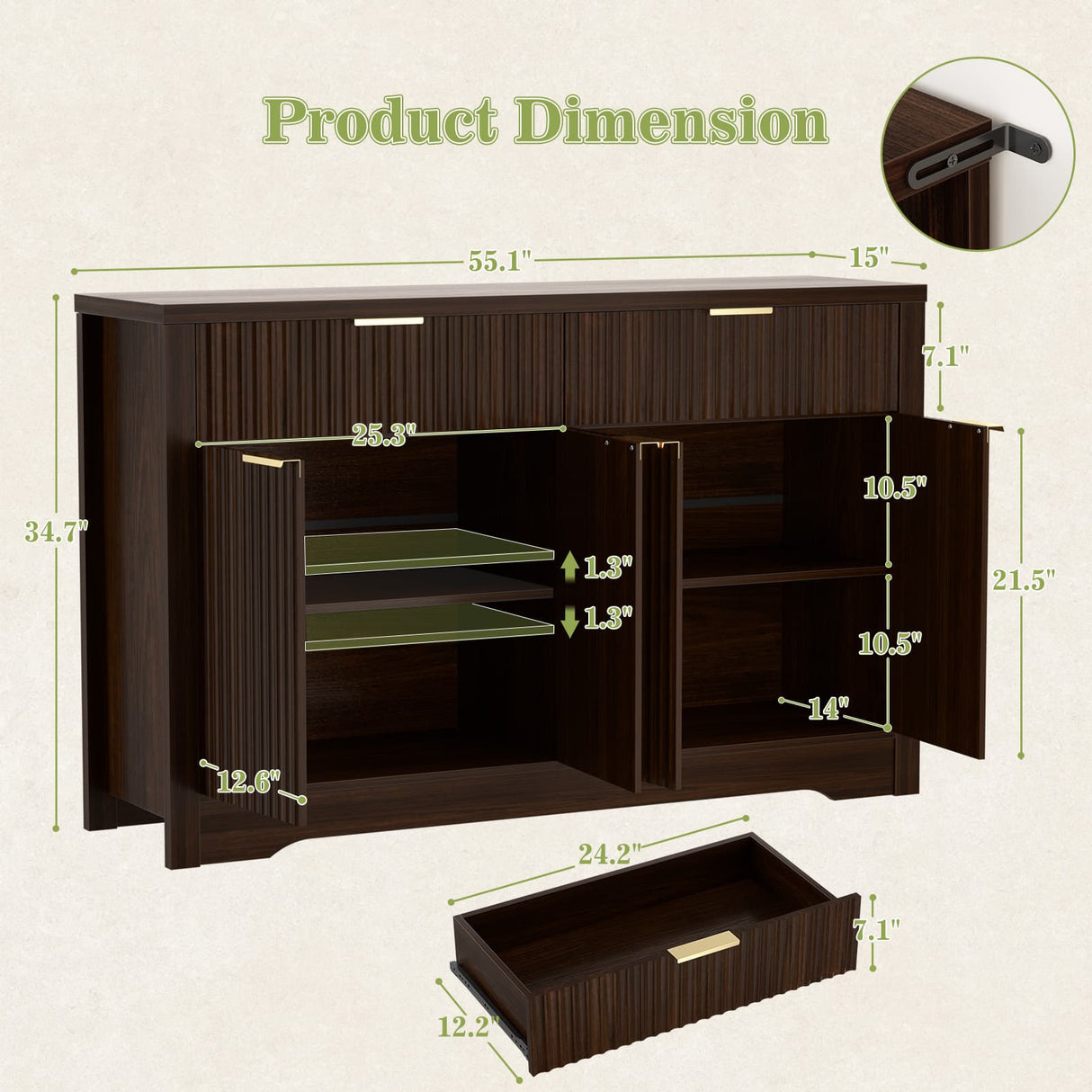 55'' Fluted Sideboard Cabinet with Drawers & Shelves, Modern Buffet Cabinet for Kitchen, Coffee Bar & Entryway Storage