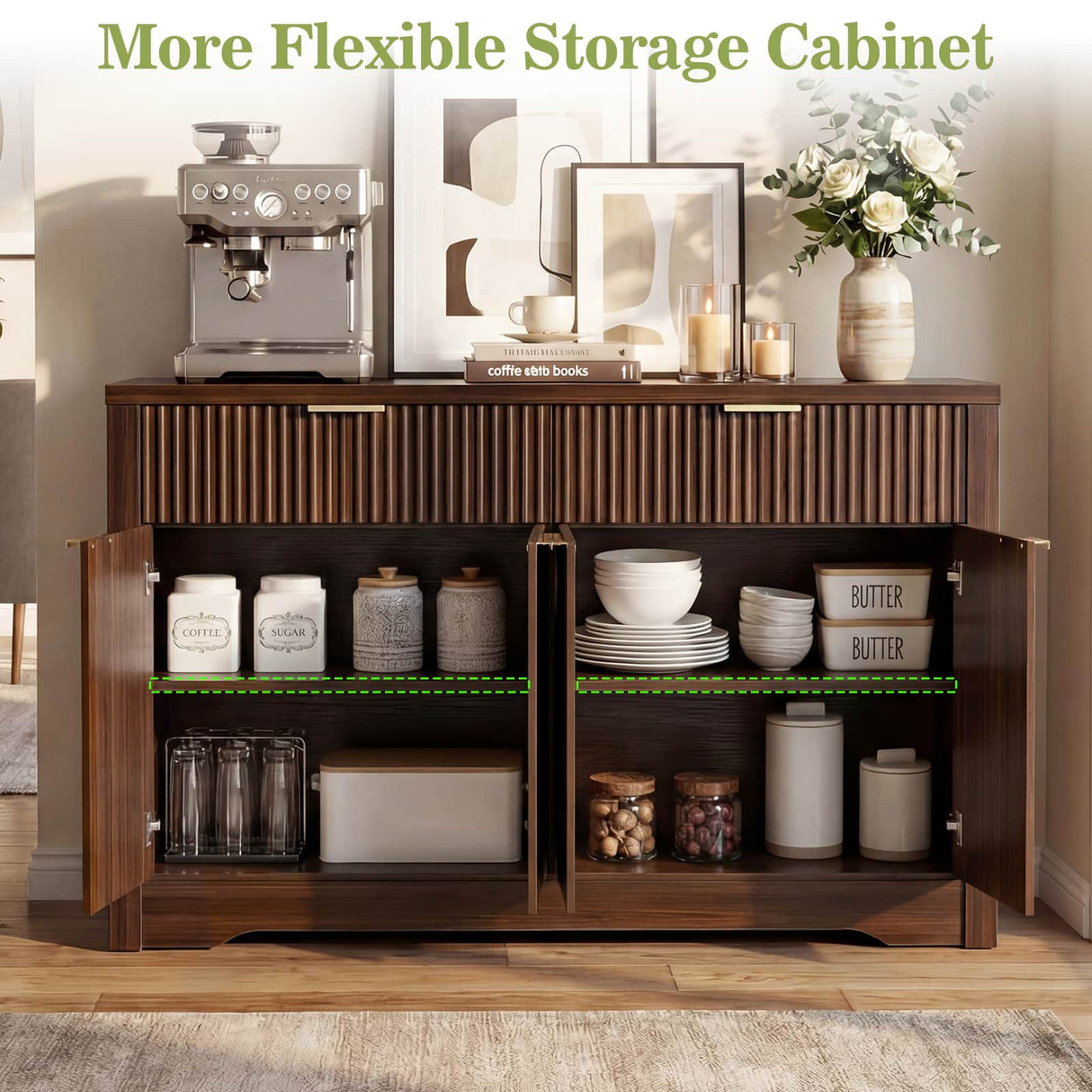 55'' Fluted Sideboard Cabinet with Drawers & Shelves, Modern Buffet Cabinet for Kitchen, Coffee Bar & Entryway Storage