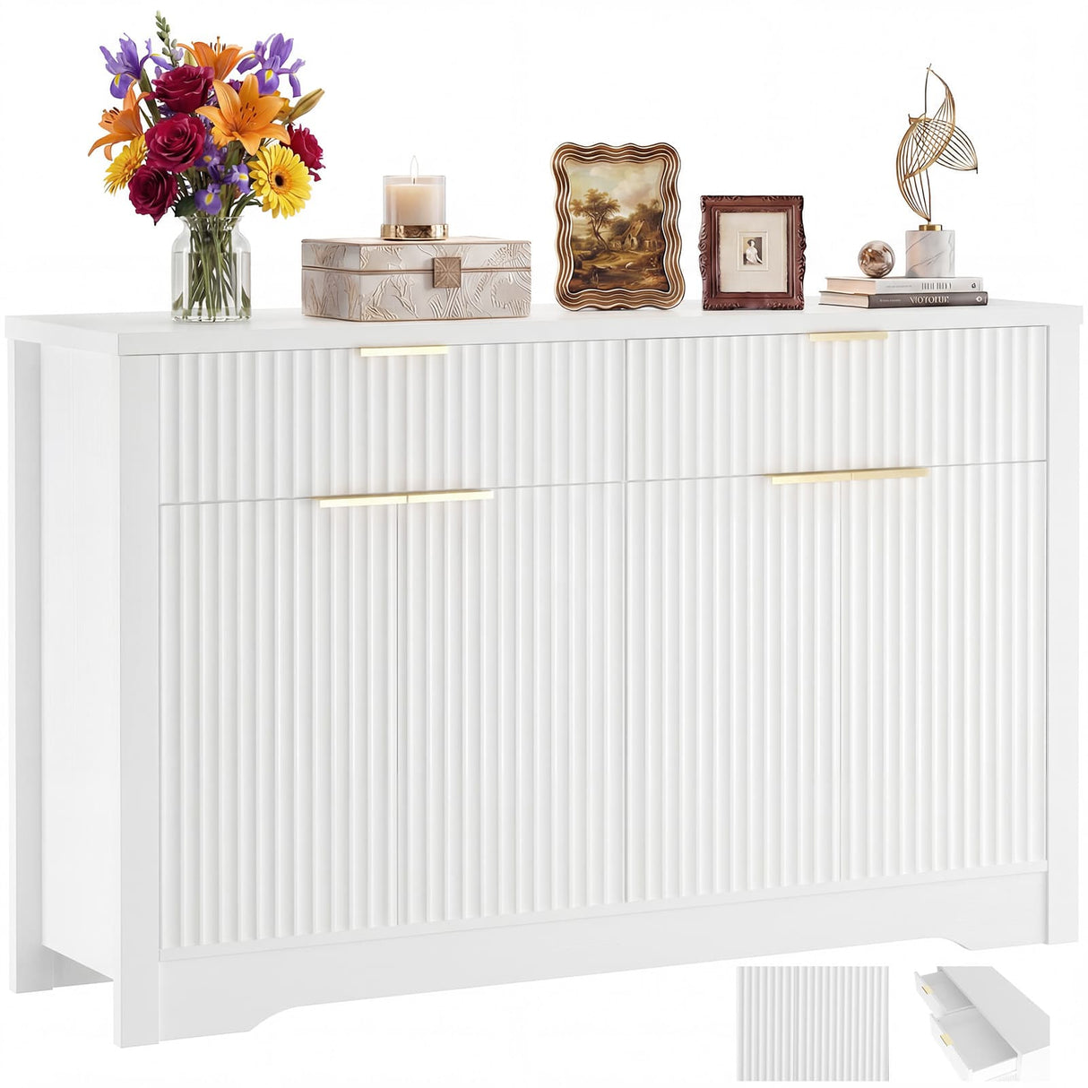 55'' Fluted Sideboard Cabinet with Drawers & Shelves, Modern Buffet Cabinet for Kitchen, Coffee Bar & Entryway Storage