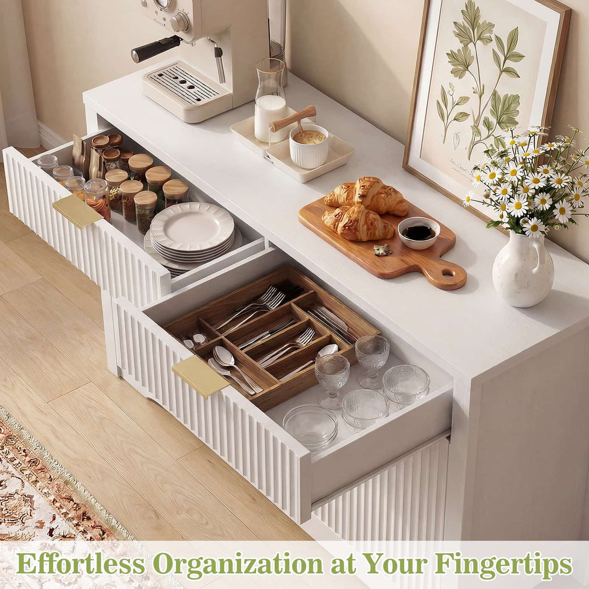 55'' Fluted Sideboard Cabinet with Drawers & Shelves, Modern Buffet Cabinet for Kitchen, Coffee Bar & Entryway Storage