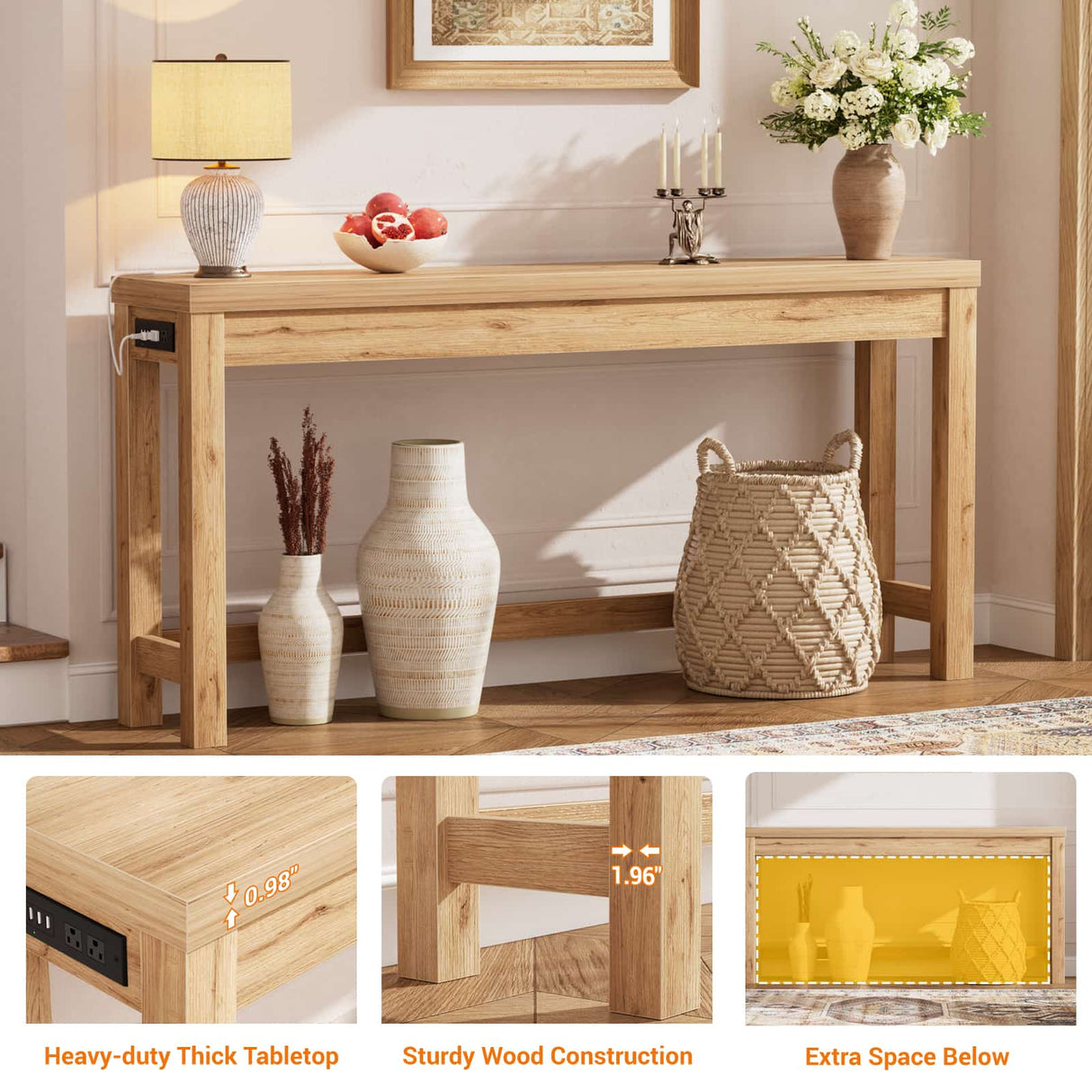 Narrow Console Table with Charging Station, Slim Sofa Table with Outlets & USB Ports, Entryway Table for Living Room & Hallway