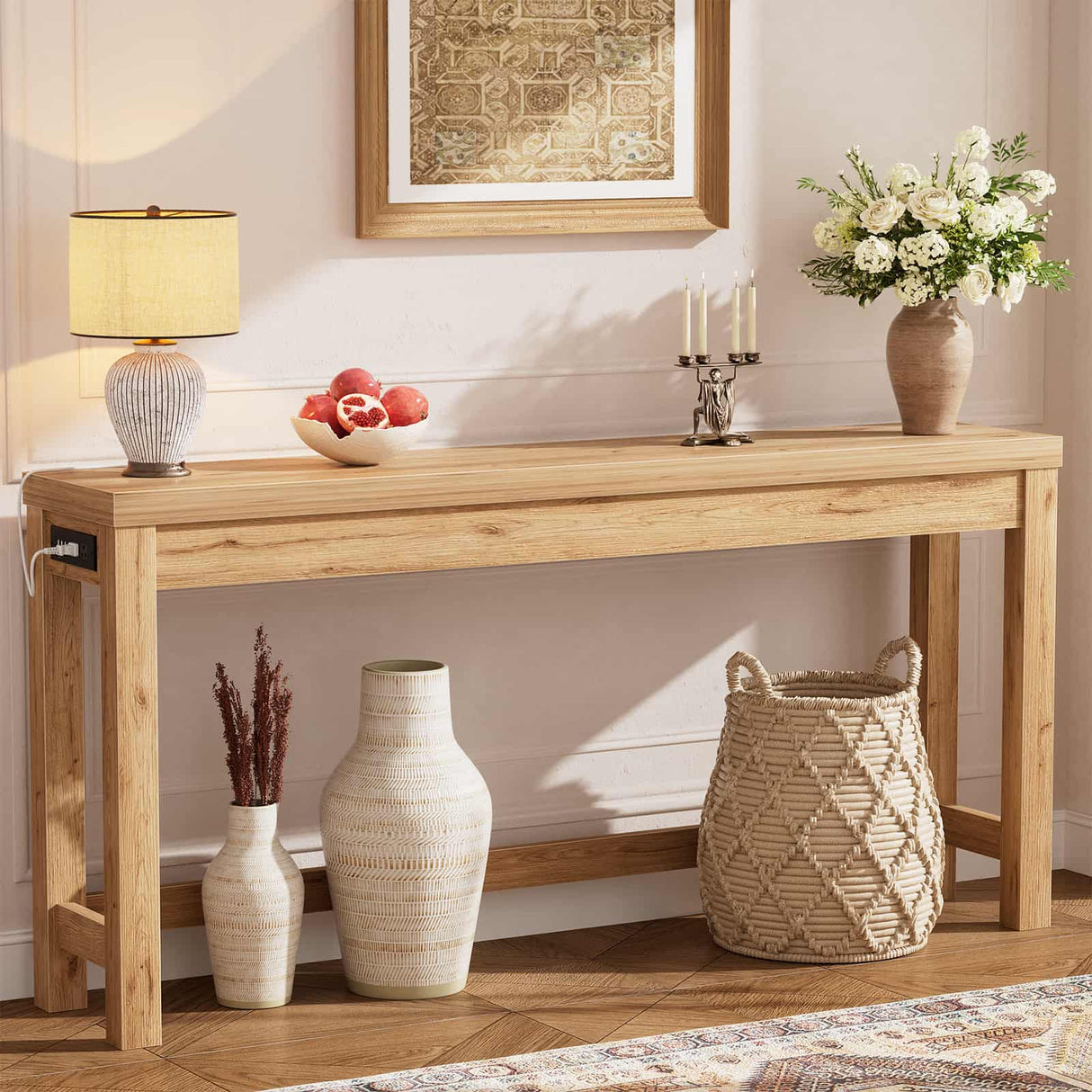 Narrow Console Table with Charging Station, Slim Sofa Table with Outlets & USB Ports, Entryway Table for Living Room & Hallway
