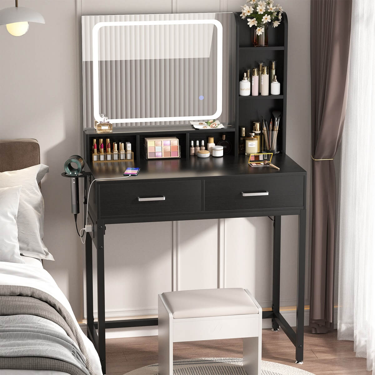 Small Vanity Desk with Dimmable Lighted Mirror, Drawers, and Power Outlet