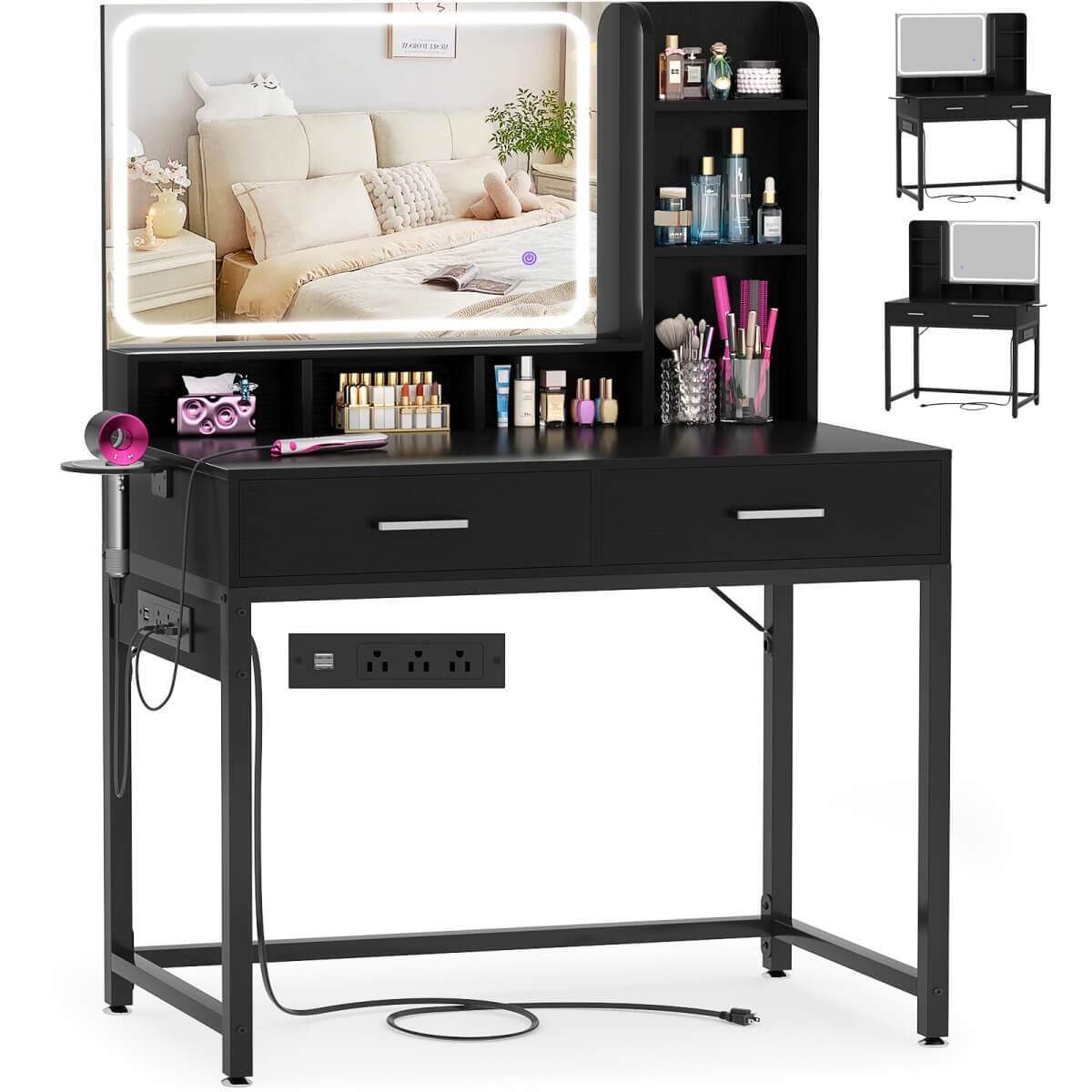 Small Vanity Desk with Dimmable Lighted Mirror, Drawers, and Power Outlet