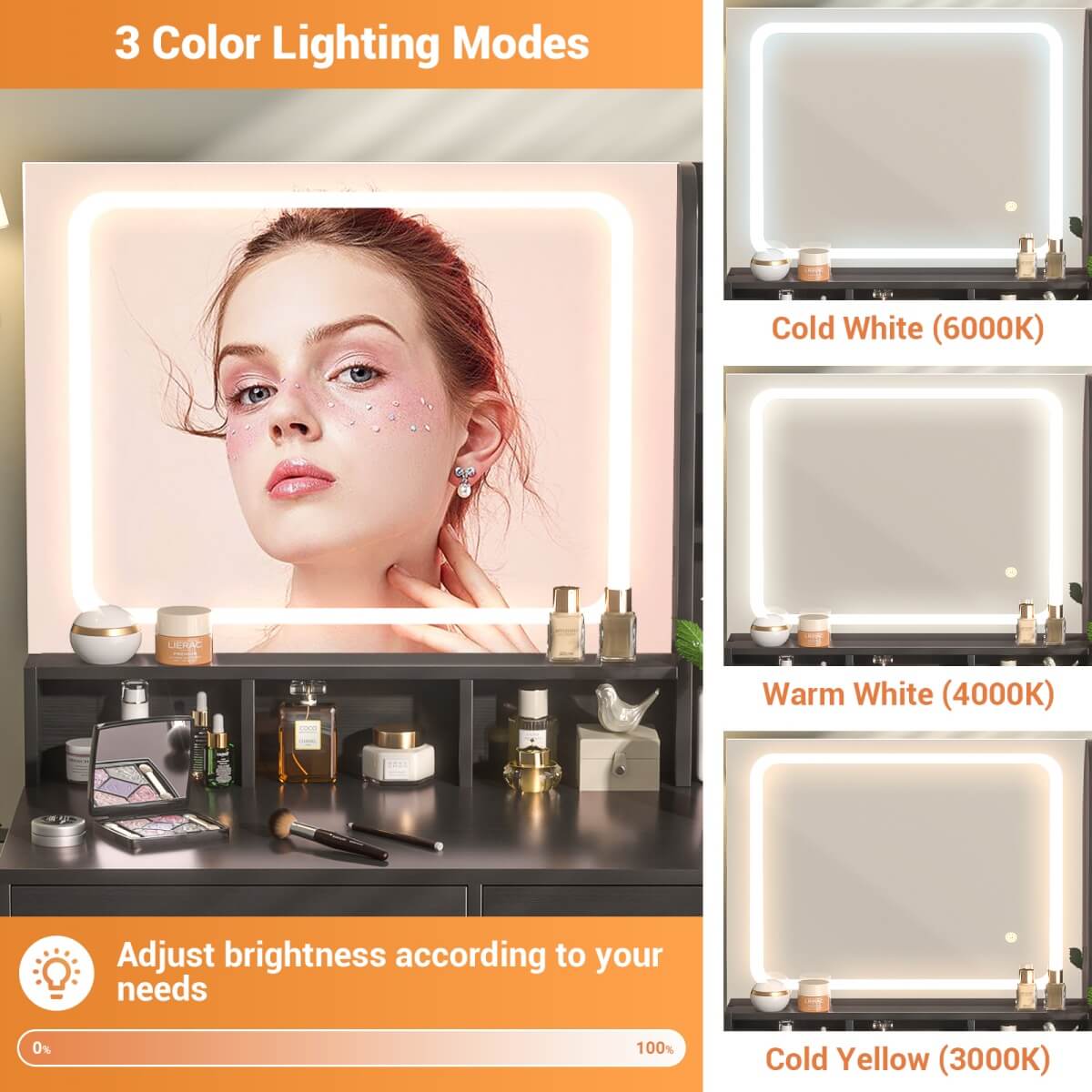 Small Vanity Desk with Dimmable Lighted Mirror, Drawers, and Power Outlet