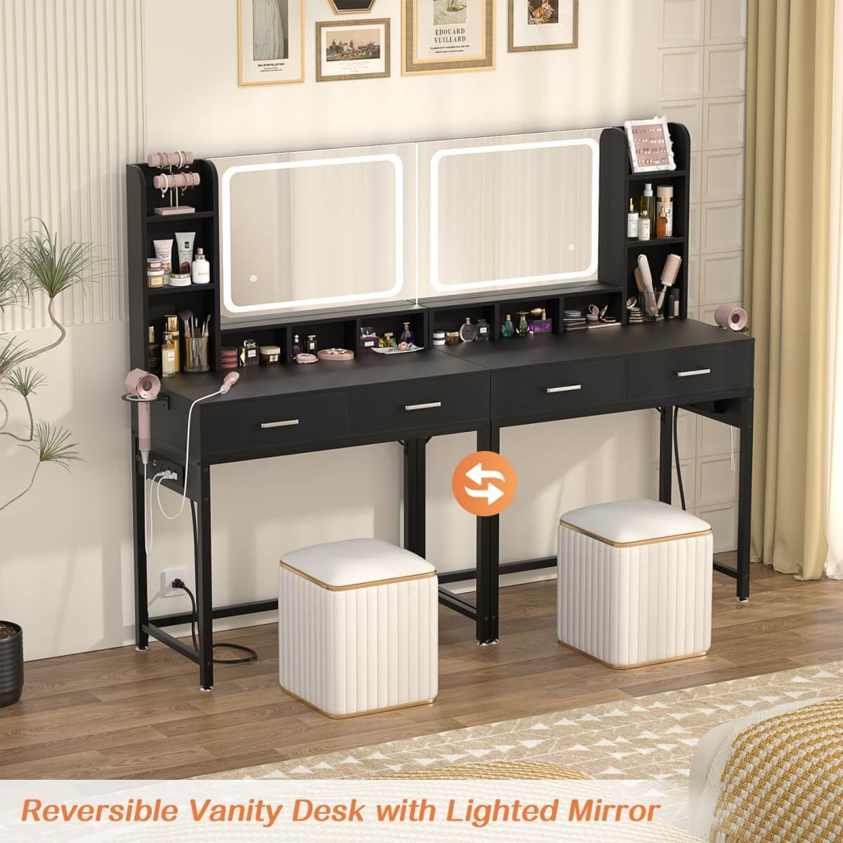 Small Vanity Desk with Dimmable Lighted Mirror, Drawers, and Power Outlet