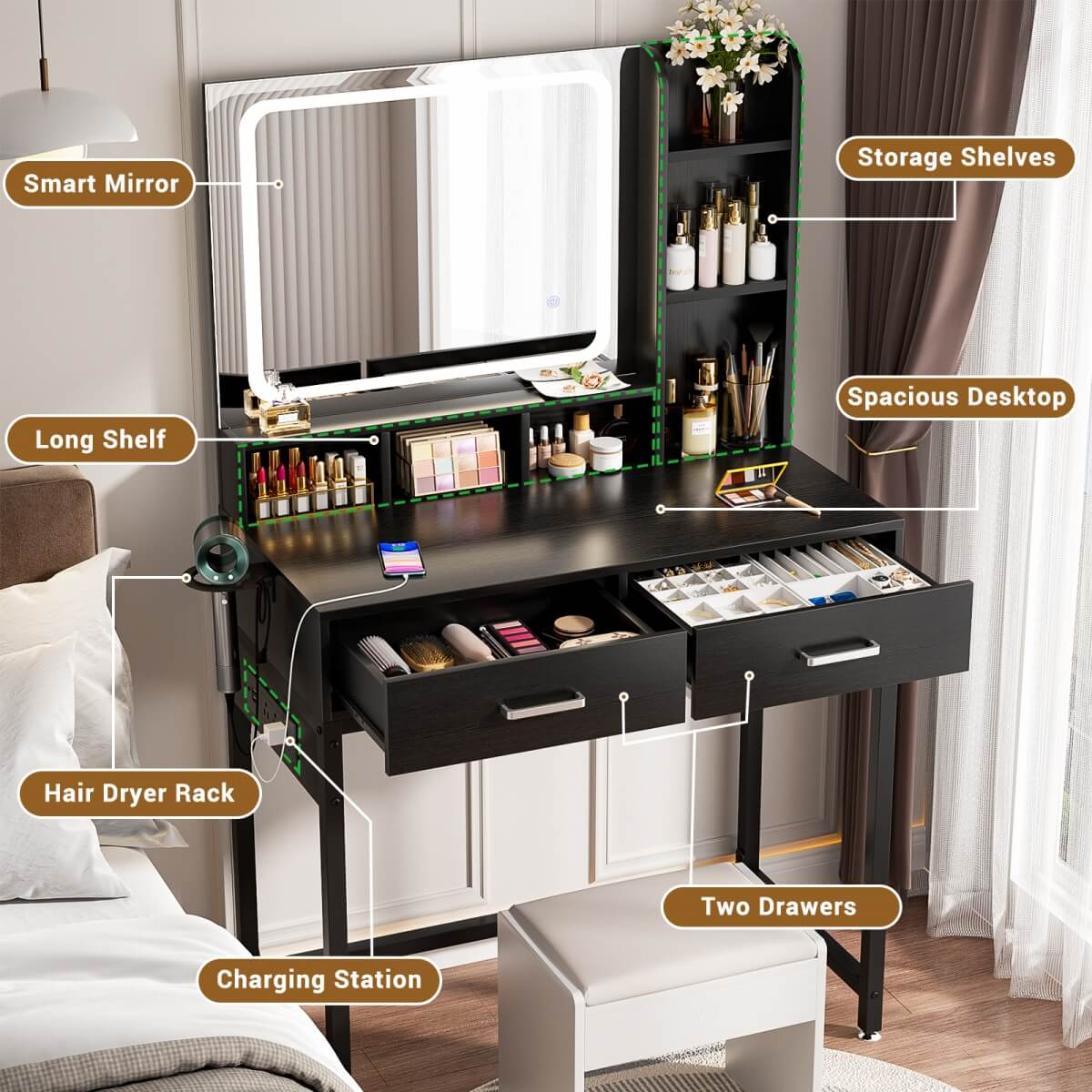 Small Vanity Desk with Dimmable Lighted Mirror, Drawers, and Power Outlet