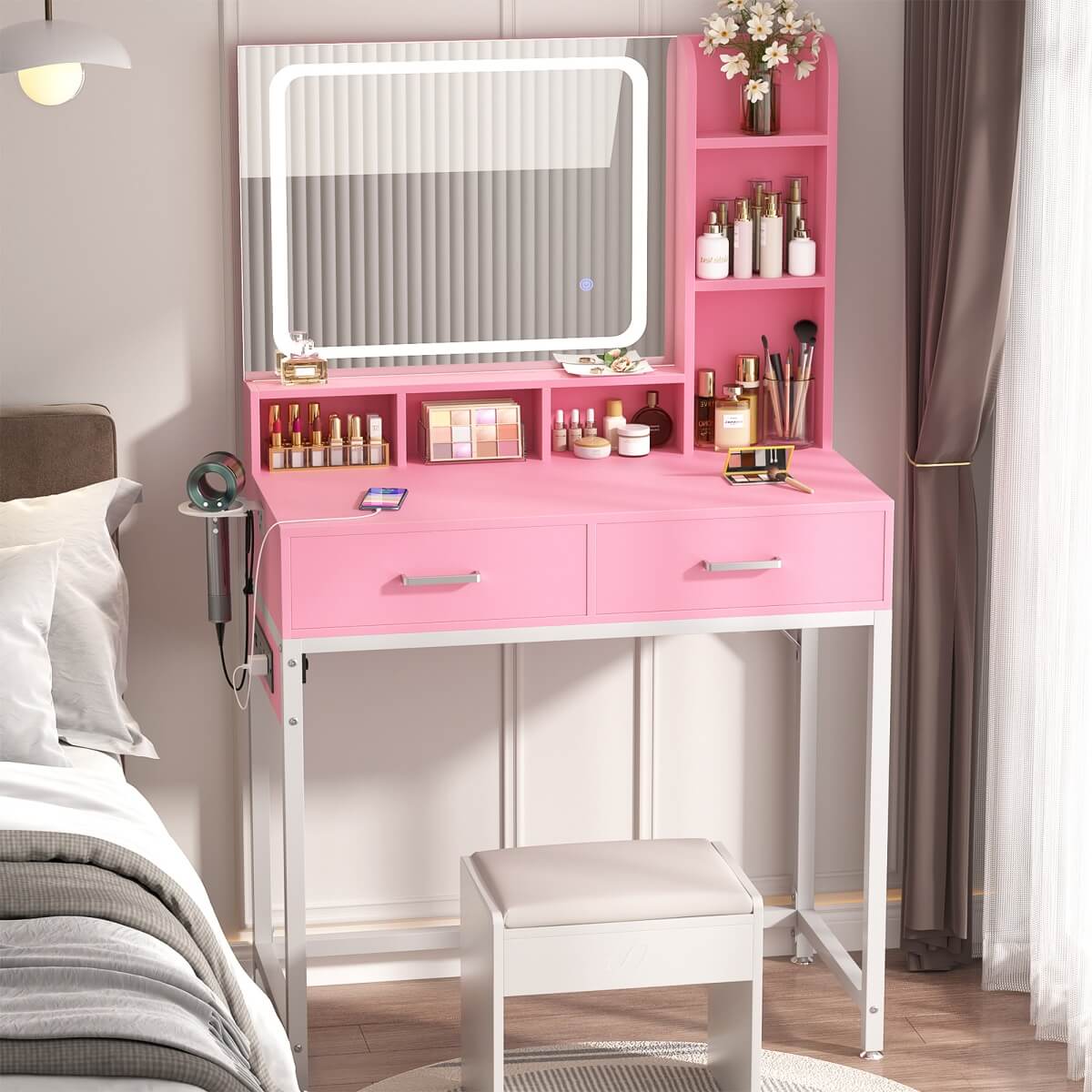 Small Vanity Desk with Dimmable Lighted Mirror, Drawers, and Power Outlet