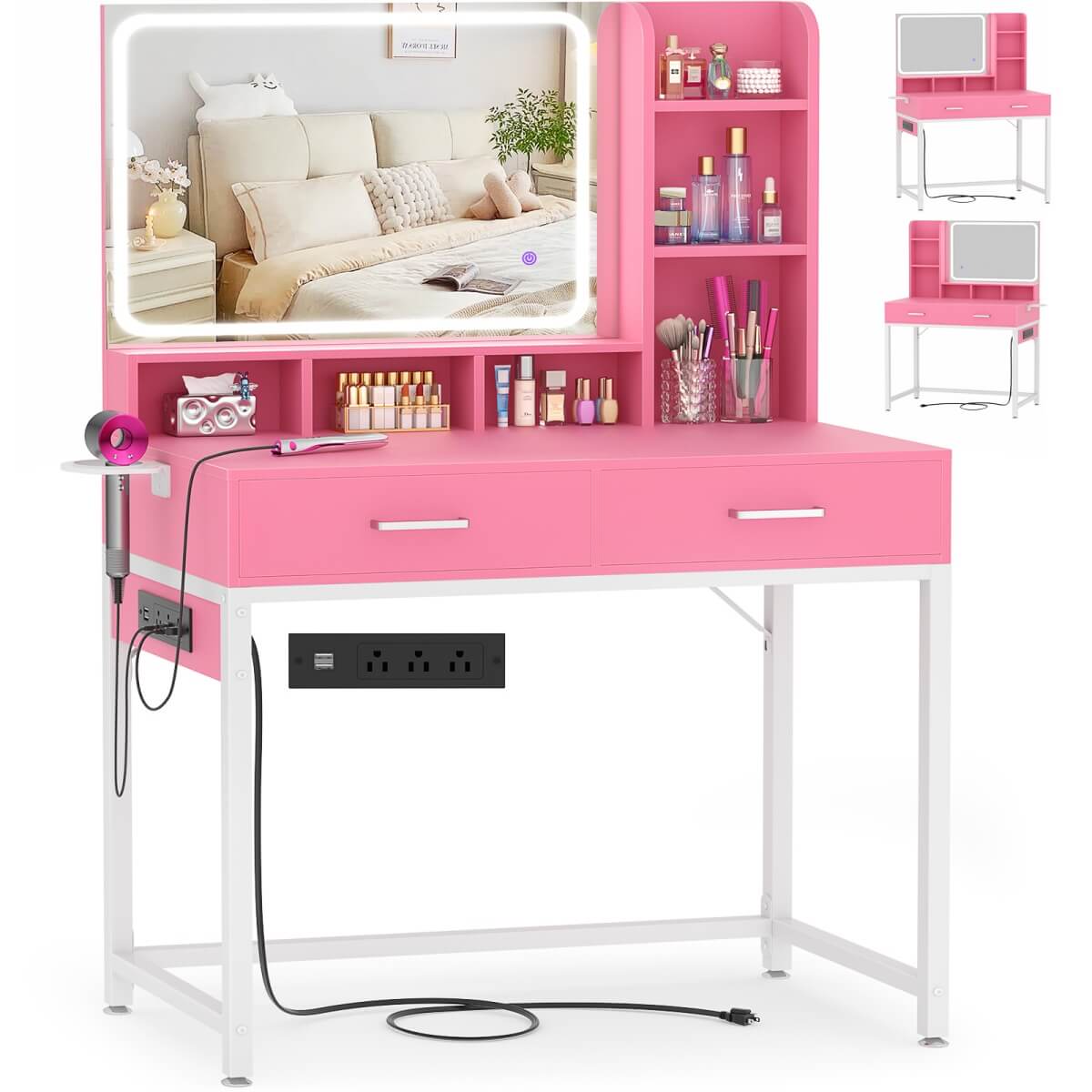 Small Vanity Desk with Dimmable Lighted Mirror, Drawers, and Power Outlet