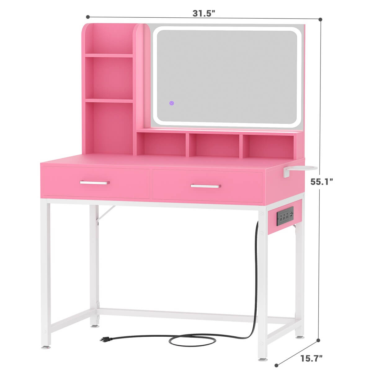 Small Vanity Desk with Dimmable Lighted Mirror, Drawers, and Power Outlet