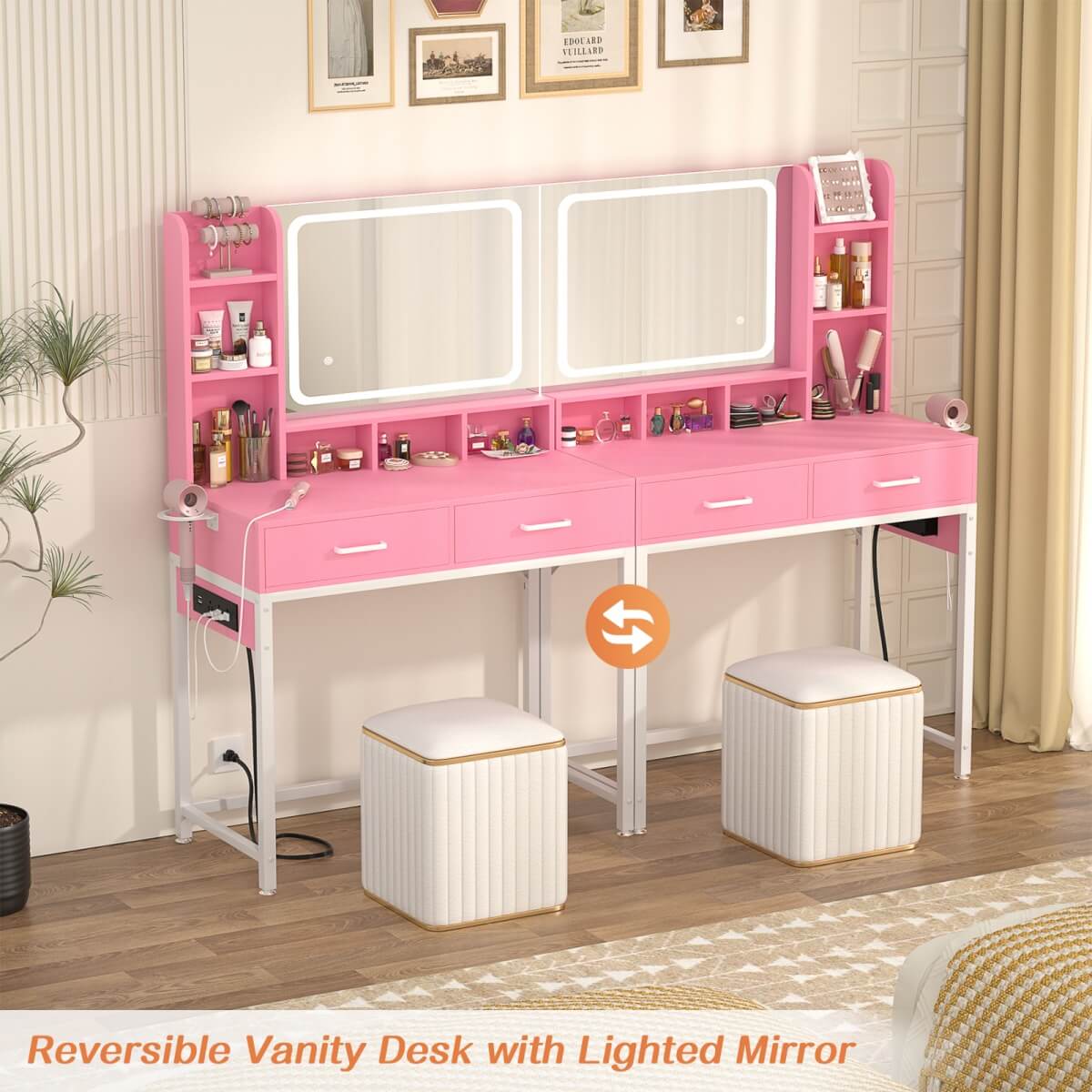 Small Vanity Desk with Dimmable Lighted Mirror, Drawers, and Power Outlet