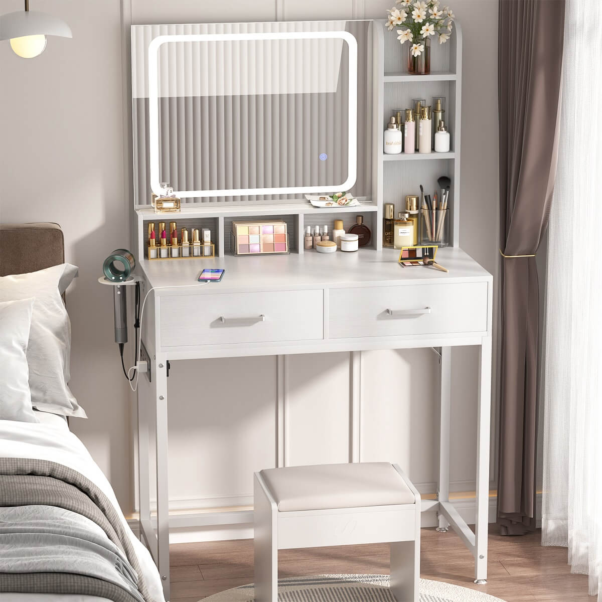 Small Vanity Desk with Dimmable Lighted Mirror, Drawers, and Power Outlet