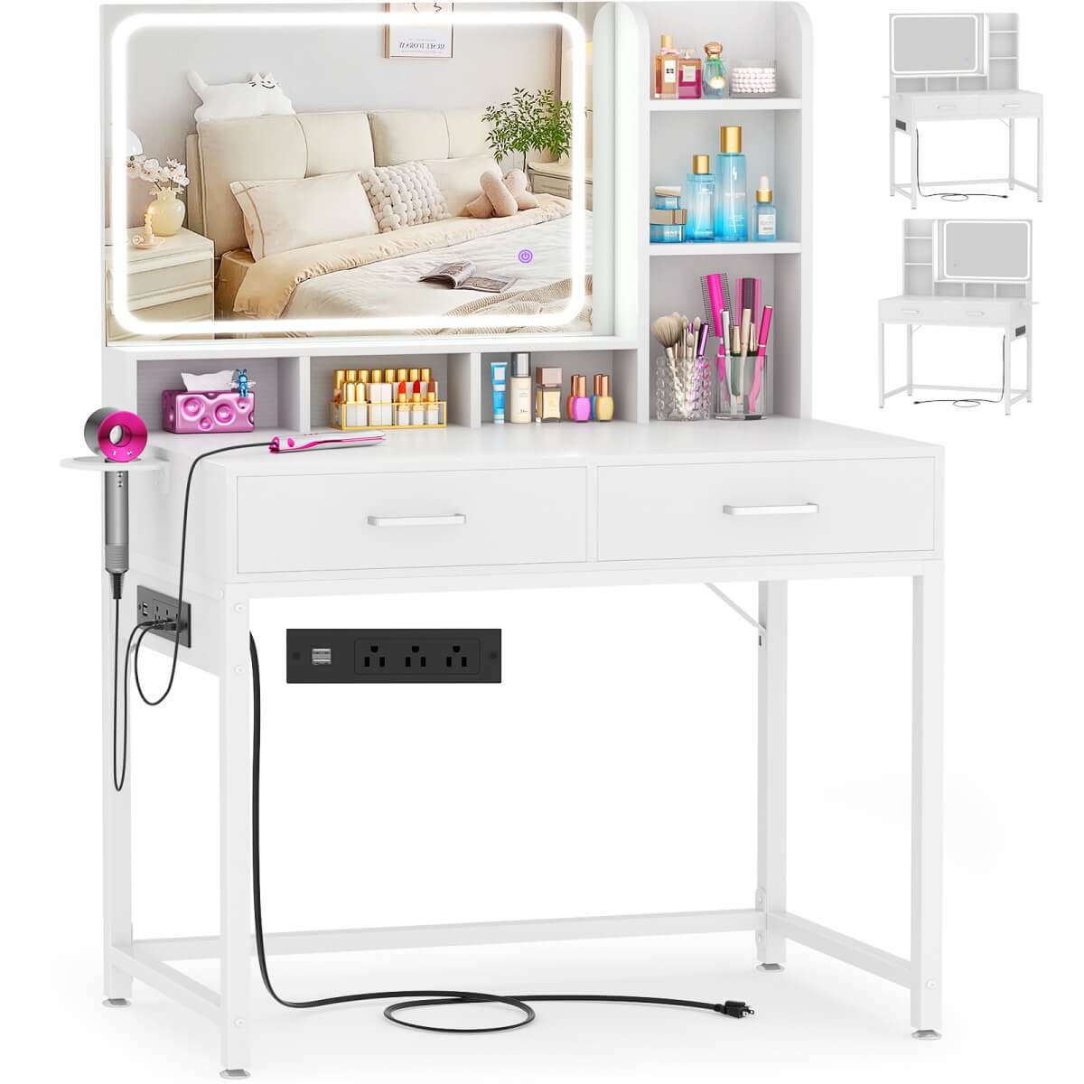 Small Vanity Desk with Dimmable Lighted Mirror, Drawers, and Power Outlet
