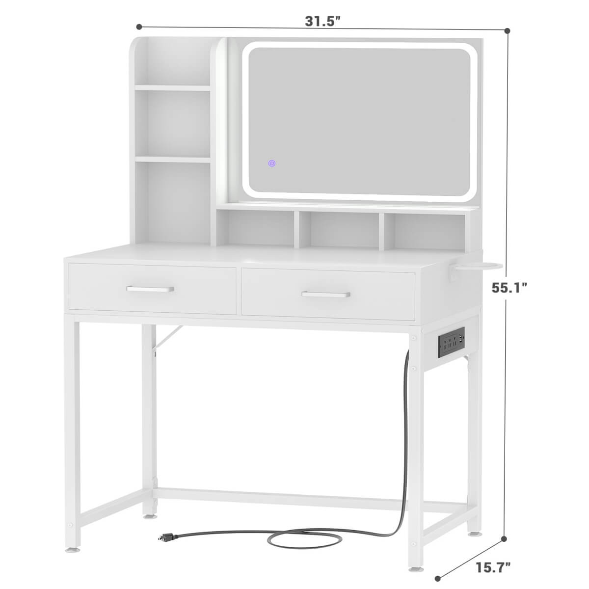Small Vanity Desk with Dimmable Lighted Mirror, Drawers, and Power Outlet
