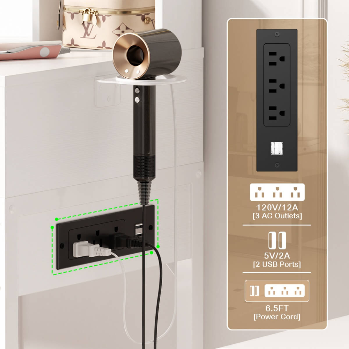 Small Vanity Desk with Dimmable Lighted Mirror, Drawers, and Power Outlet