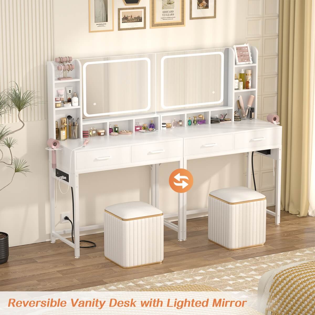 Small Vanity Desk with Dimmable Lighted Mirror, Drawers, and Power Outlet