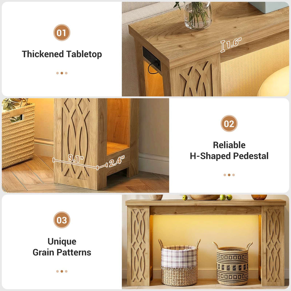 47'' Narrow Console Table with Charging Station & LED Lights, Farmhouse Sofa Table for Living Room & Hallway
