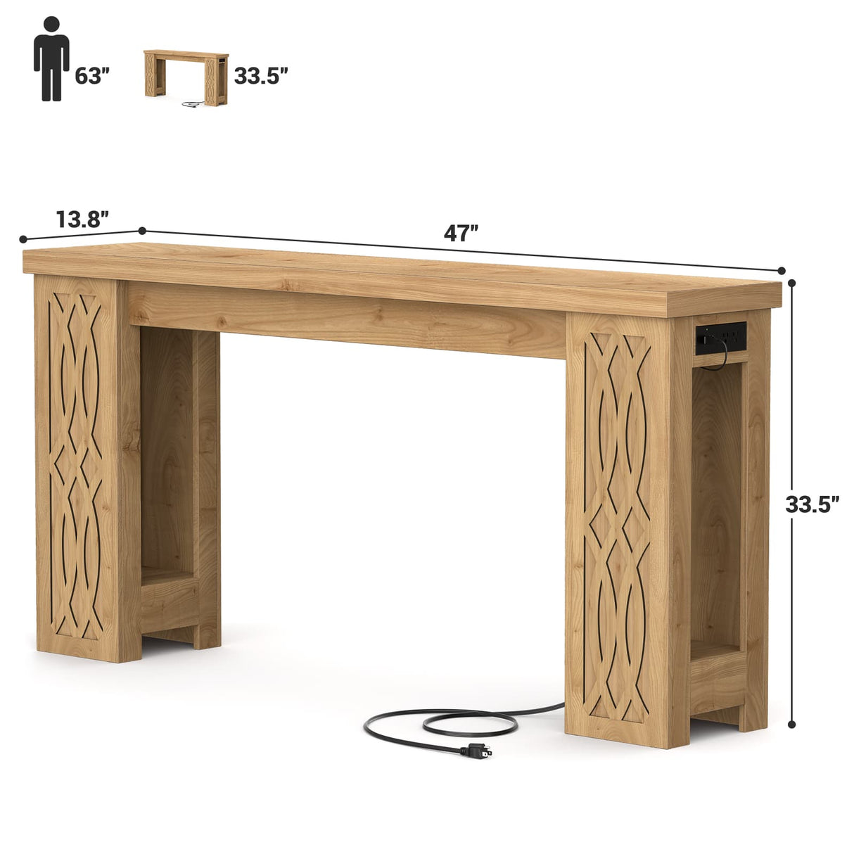 47'' Narrow Console Table with Charging Station & LED Lights, Farmhouse Sofa Table for Living Room & Hallway
