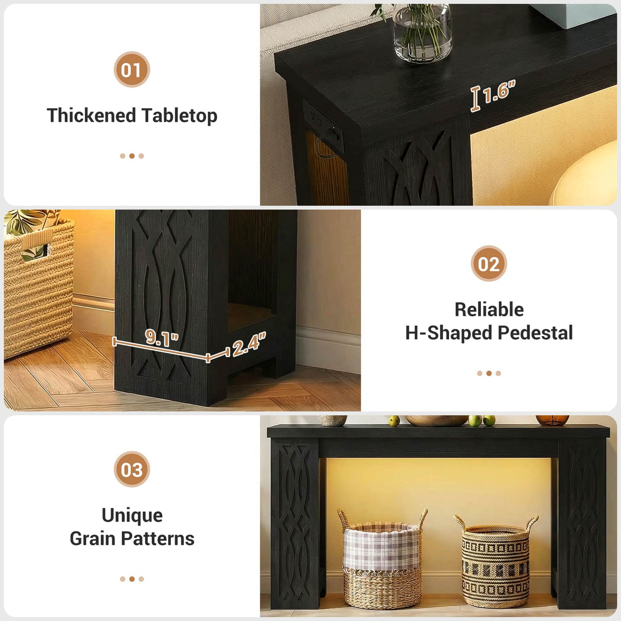 47'' Narrow Console Table with Charging Station & LED Lights, Farmhouse Sofa Table for Living Room & Hallway