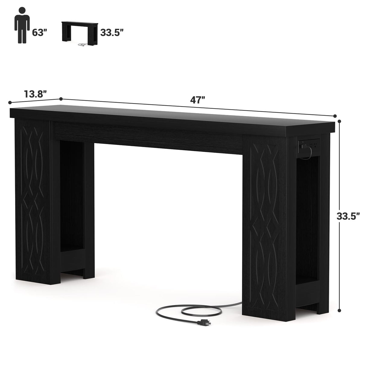 47'' Narrow Console Table with Charging Station & LED Lights, Farmhouse Sofa Table for Living Room & Hallway