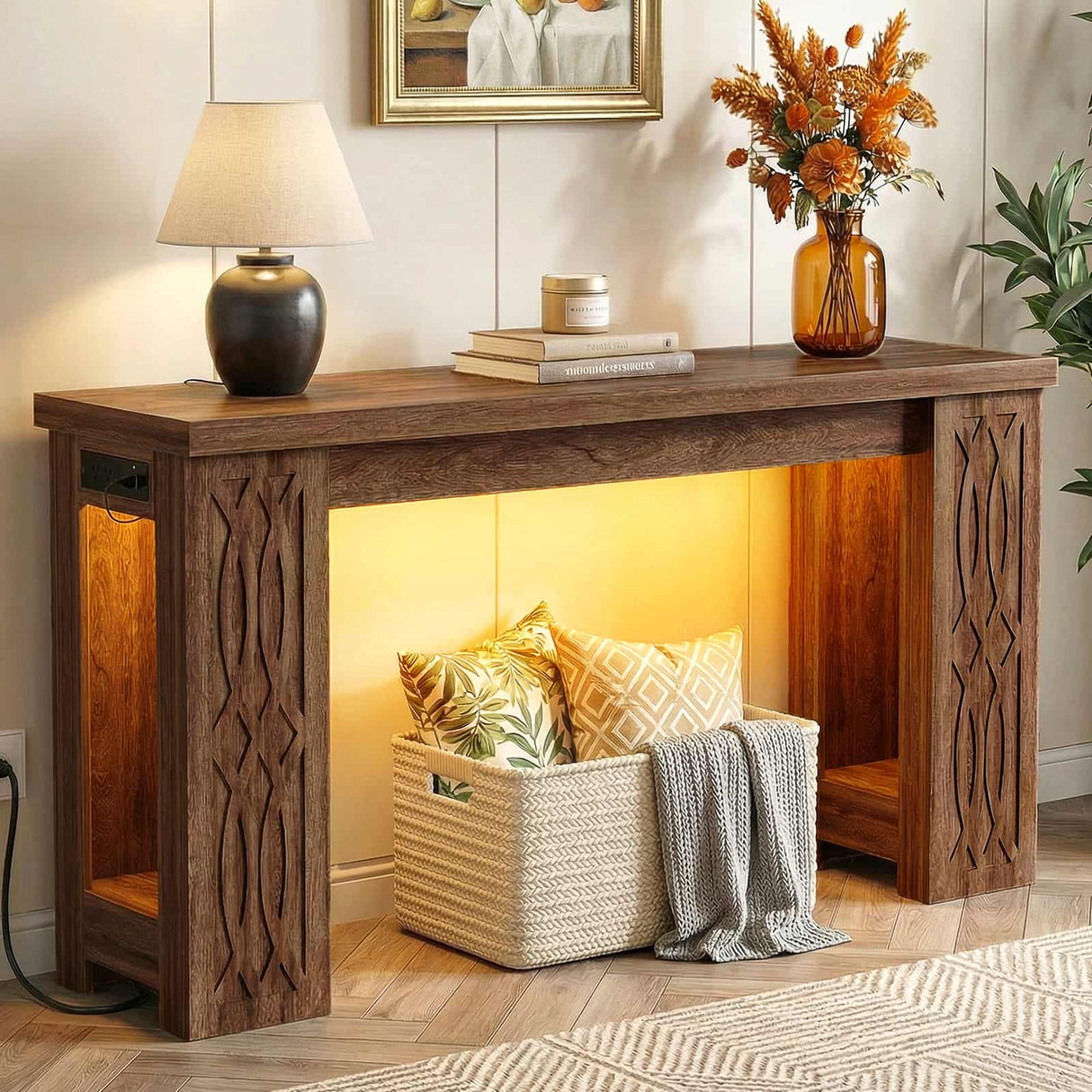 47'' Narrow Console Table with Charging Station & LED Lights, Farmhouse Sofa Table for Living Room & Hallway