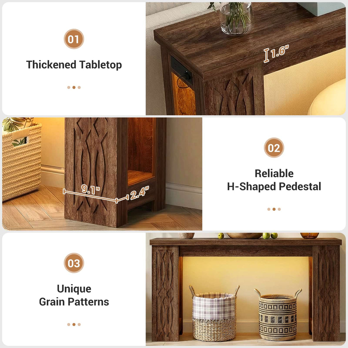 47'' Narrow Console Table with Charging Station & LED Lights, Farmhouse Sofa Table for Living Room & Hallway