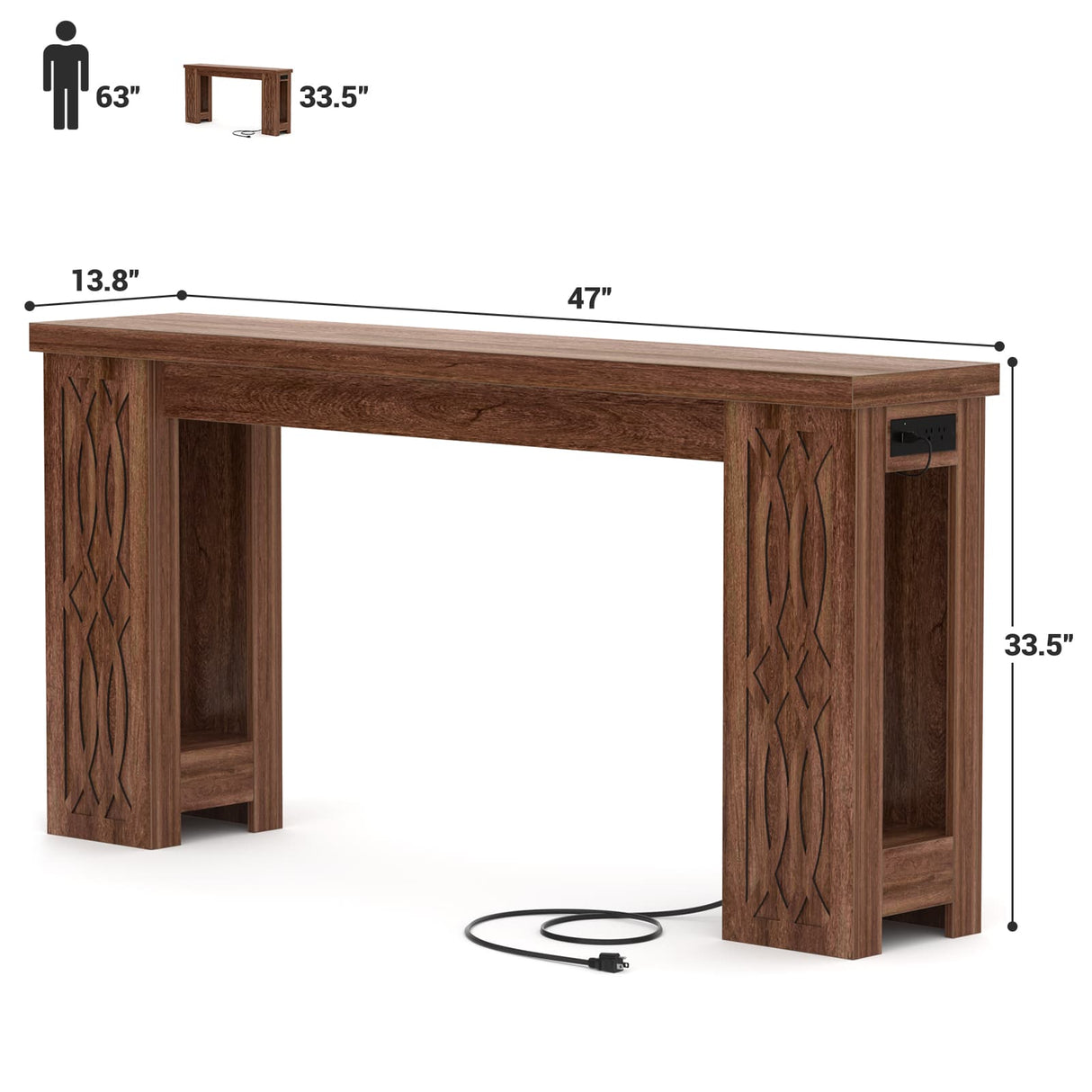 47'' Narrow Console Table with Charging Station & LED Lights, Farmhouse Sofa Table for Living Room & Hallway