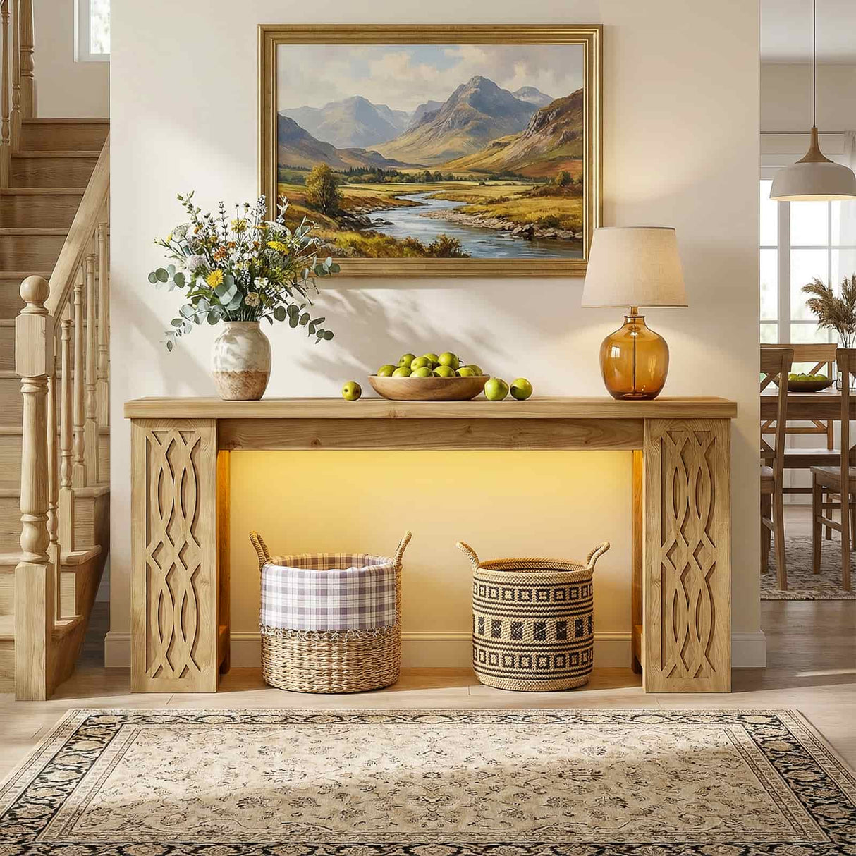 63'' Farmhouse Console Table with Charging Station and LED Lights, Narrow Entryway Table for Home