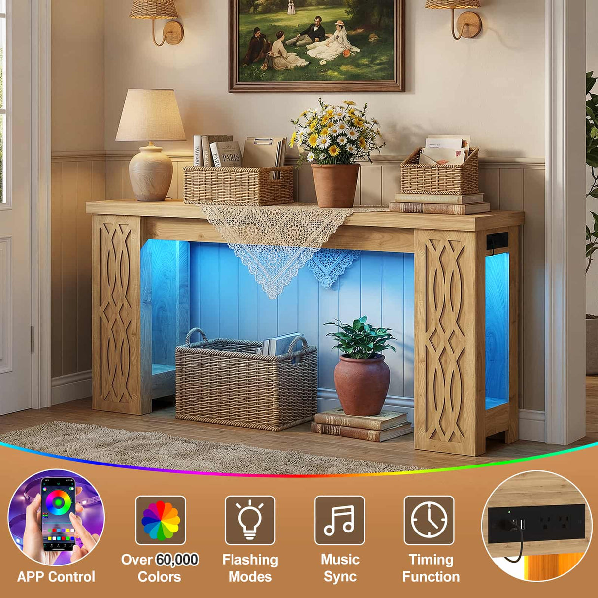 63'' Farmhouse Console Table with Charging Station and LED Lights, Narrow Entryway Table for Home