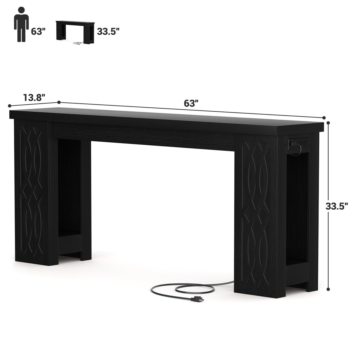 63'' Farmhouse Console Table with Charging Station and LED Lights, Narrow Entryway Table for Home