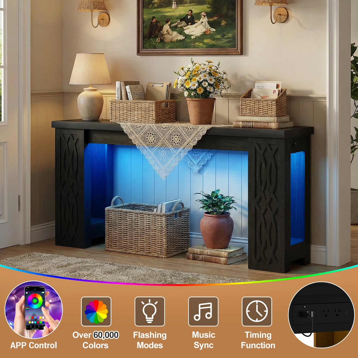 63'' Farmhouse Console Table with Charging Station and LED Lights, Narrow Entryway Table for Home