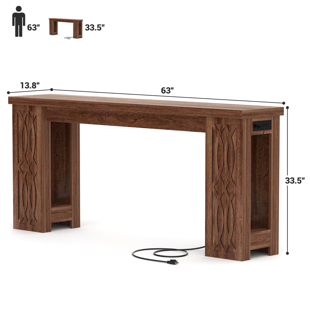 63'' Farmhouse Console Table with Charging Station and LED Lights, Narrow Entryway Table for Home